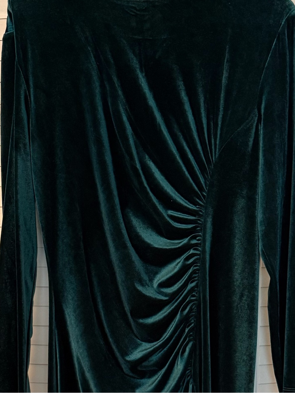 Maison Tara Deep Emerald Velvet Ruched Long Sleeve Dress - Picture 2 of 3